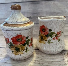 Vtg Sugar Creamer Set Pink Yellow Hibiscus Flowers White Brown Speckled