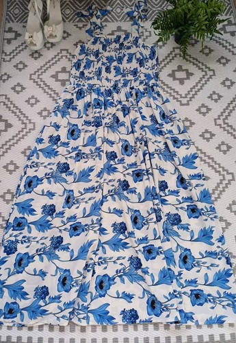 Pretty Blue White Floral Shirred Floaty Midi Maxi Sun Dress 👗 1XL Fit 18 20 22 - Picture 2 of 8