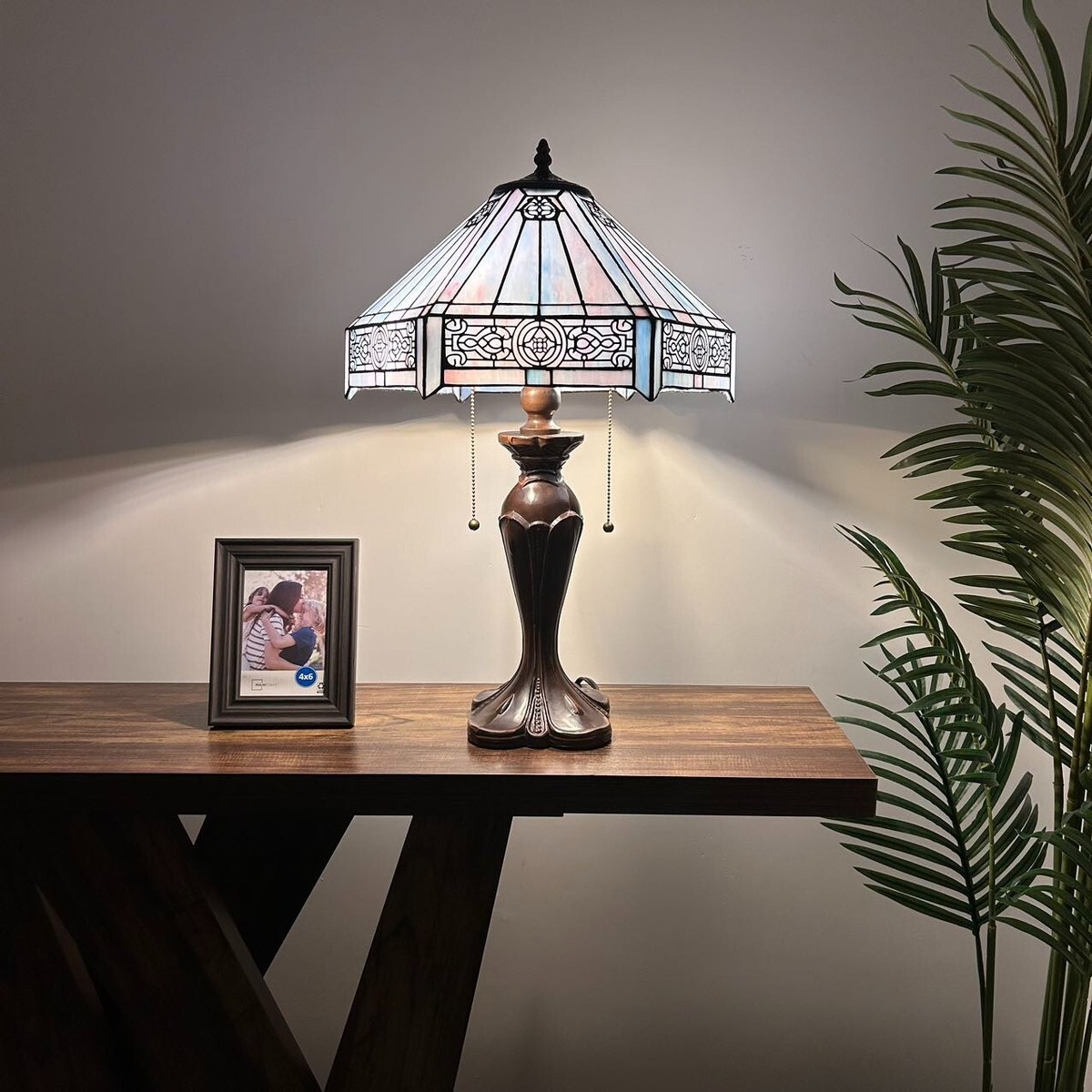 Tiffany Style Table Lamp Sky Color Stained Glass Hexagon LED Bulbs