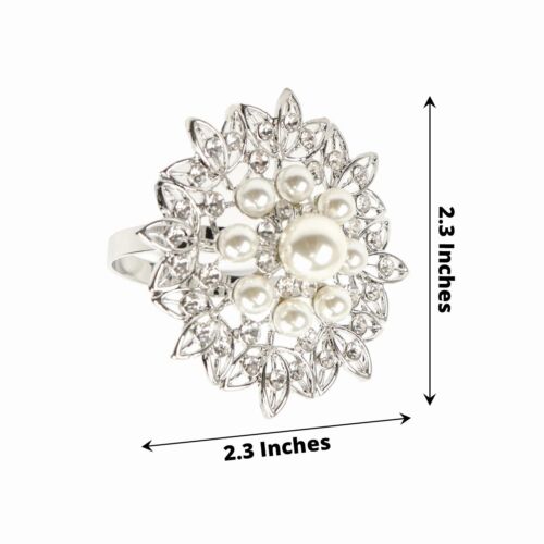 4 SILVER Metal Flower Napkin Rings Faux Pearls and Rhinestones Party Events - Picture 2 of 8