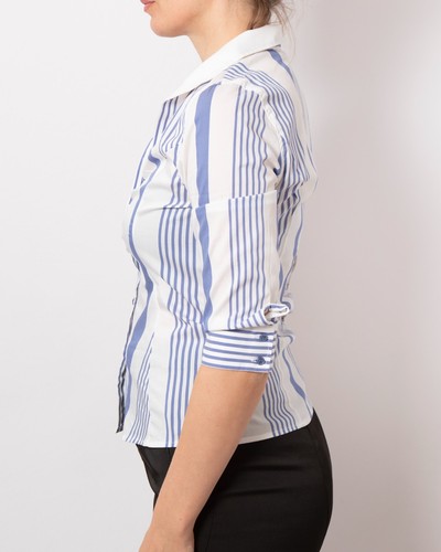 NARA CAMICIE Fitted Stretch Cotton Striped 3/4 Sleeve White Blue Blouse S - Picture 4 of 8