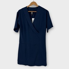 Bobeau Women’s Size XS Navy Blue Faux Wrap V Neck Stretch Shift Mini Dress New