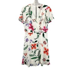 Express Short Sleeve Surplice A-Line Dress White/Multi Floral Size 8 Above Knee