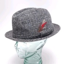 Vtg Harris Tweed 100 Scottish Wool Fedora Hand Woven XL 7 1/2 Mens Gray Blue