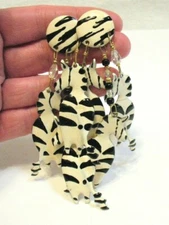 LUNCH AT THE RITZ EARRINGS PIERCED ZEBRA THEME ENAMEL ON GOLD METAL