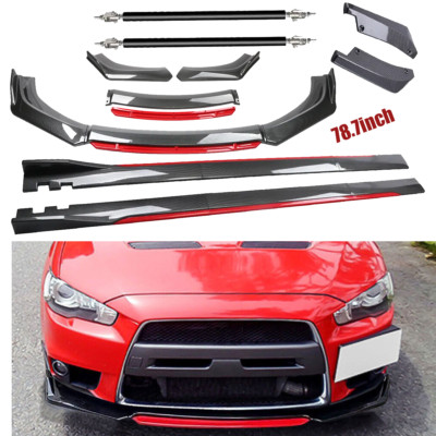 For Mitsubishi Lancer Carbon Fiber Look Red Front Lip Chin Bumper Side Skirt