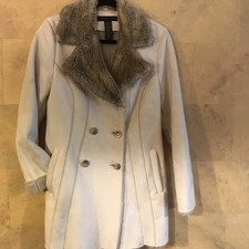Women New York Co M Microfiber Pea Coat Ivory Faux Fur Collar Pockets Knee Lngth