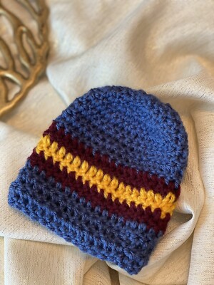 Baby beanie handmade crochet hat size 0-6 months blue burgundy