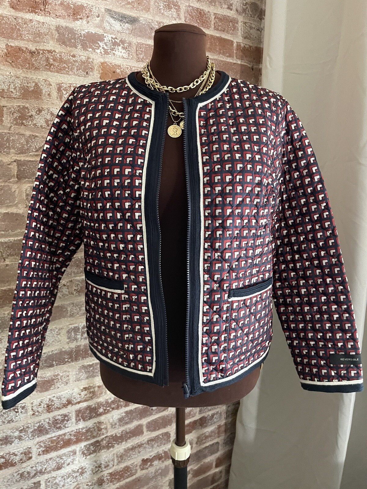 Talbots Petites Red Blue Quilted Zip 