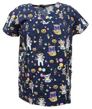 Women Halloween Christmas Medical Scrub Navy Base Cat Bear Pumpkin XL
