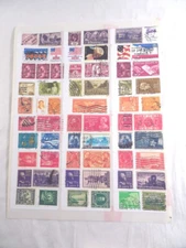 61 VINTAGE Cancelled POSTAGE STAMPS STICKERS 2 Sheets US & Foreign Colorful