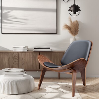 Mid-Century Modern Hans Wegner Style Shell Lounge Chair Full Leather Accent