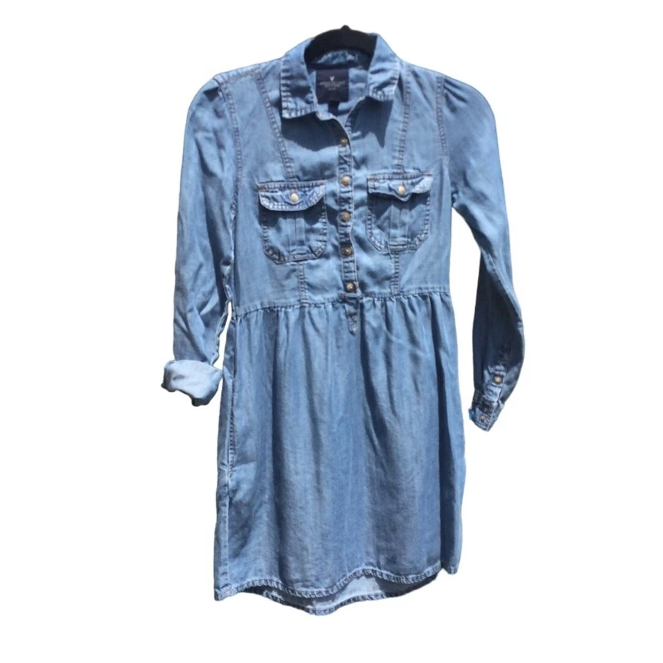 American Eagle Mujer Denim Mini Vestido XXS Jeans Medio Lavado Western Abotonado Foto 2 de 4