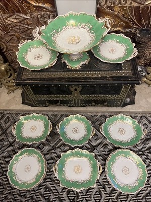 Antikes Coalport grünes Porzellan Dessertservice um 1800 20 Teile Herzstück