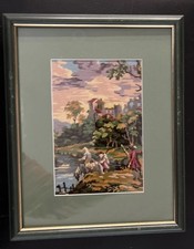 Embroidered Picture Framed Vintage Wall Art 13” X 10.5” Colourful Landscape