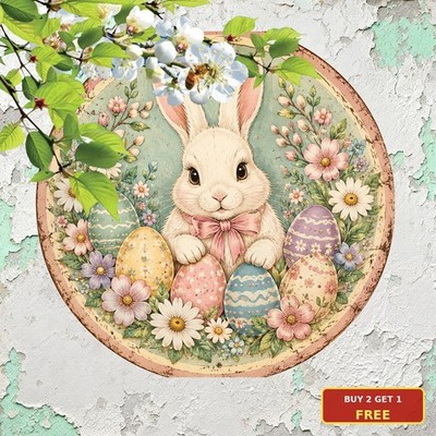 Easter Round Bunny Egg Sign Metal Art Holiday Spring Hanging Wall Plaque