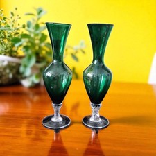 Vintage set Green & Clear Blown Glass Footed Vase 8”  Decore Swirl Danity READ