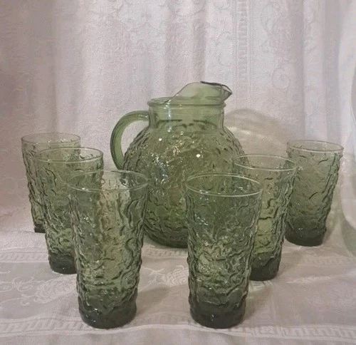 Vintage 1960's MCM Green Anchor Hocking Lido/Milano Pitcher with 6 glasses
