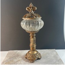 Vintage Ornate Lidded Glass Jar Art Deco French Gold Pedestal 14" Candy Dish