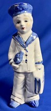 Vintage 1970s Decorative Ceramic Statue Man Porcelain Blue White Original Retro