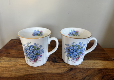 Pair of Rosewood STAFFORDSHIRE England Forget Me Not Coffee Tea Mugs Bone China