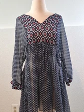 A Pea In The Pod Wonen's L Blue Sheer Geometric Maternity Top Large Long Boho