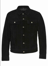 Mens Black Trucker Pure Suede Genuine Lambski...