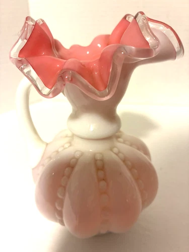 Vintage Fenton Peach Crested 6" Melon Pitcher Crimped Pink Inside White Outside