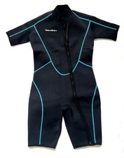 SeaSkin Shorty Wetsuit Full Front Zip Diving Swimming Suit Black/Teal Sz L