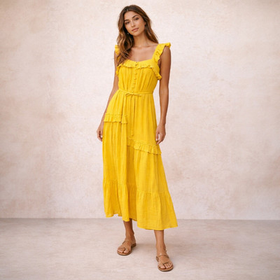 Apiece Apart Lypie Dress Size 0 XS Yellow Gauze Cotton Ruffle Tiered Midi Boho