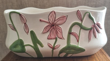Cache-pot ovale céramique fleurs en relief rose 27 cm vintage déco