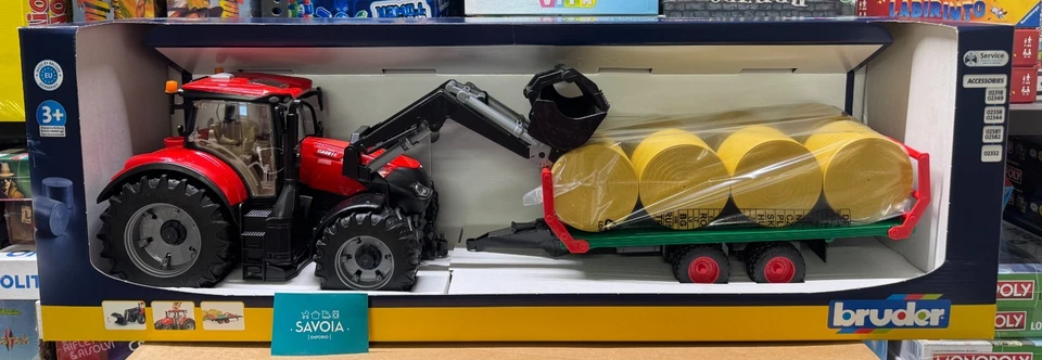 BRUDER 03198 -TRATTORE CASE IH OPTUM 300CVX CON BENNA E RIMORCHIO CARICABALLE - Immagine 2 di 4