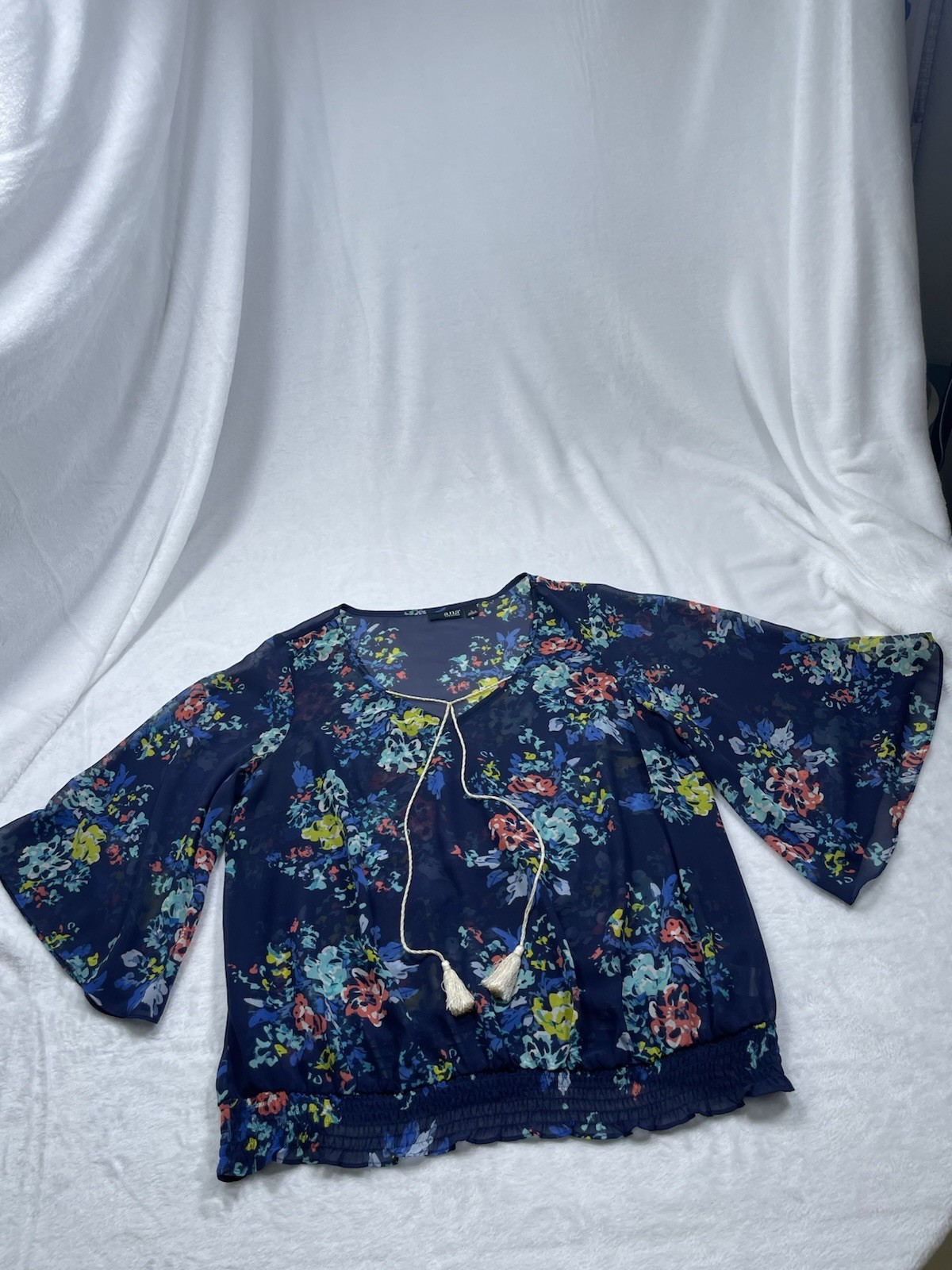 a.n.a New Approach Floral Boho Peasant Blouse Navy Sheer Tassel tie Bell Sleeve