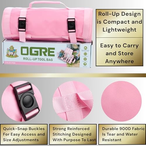 Borsa porta attrezzi da giardino, porta attrezzi da giardino arrotolabile con tasche profonde | 900D rosa - Foto 4 di 7