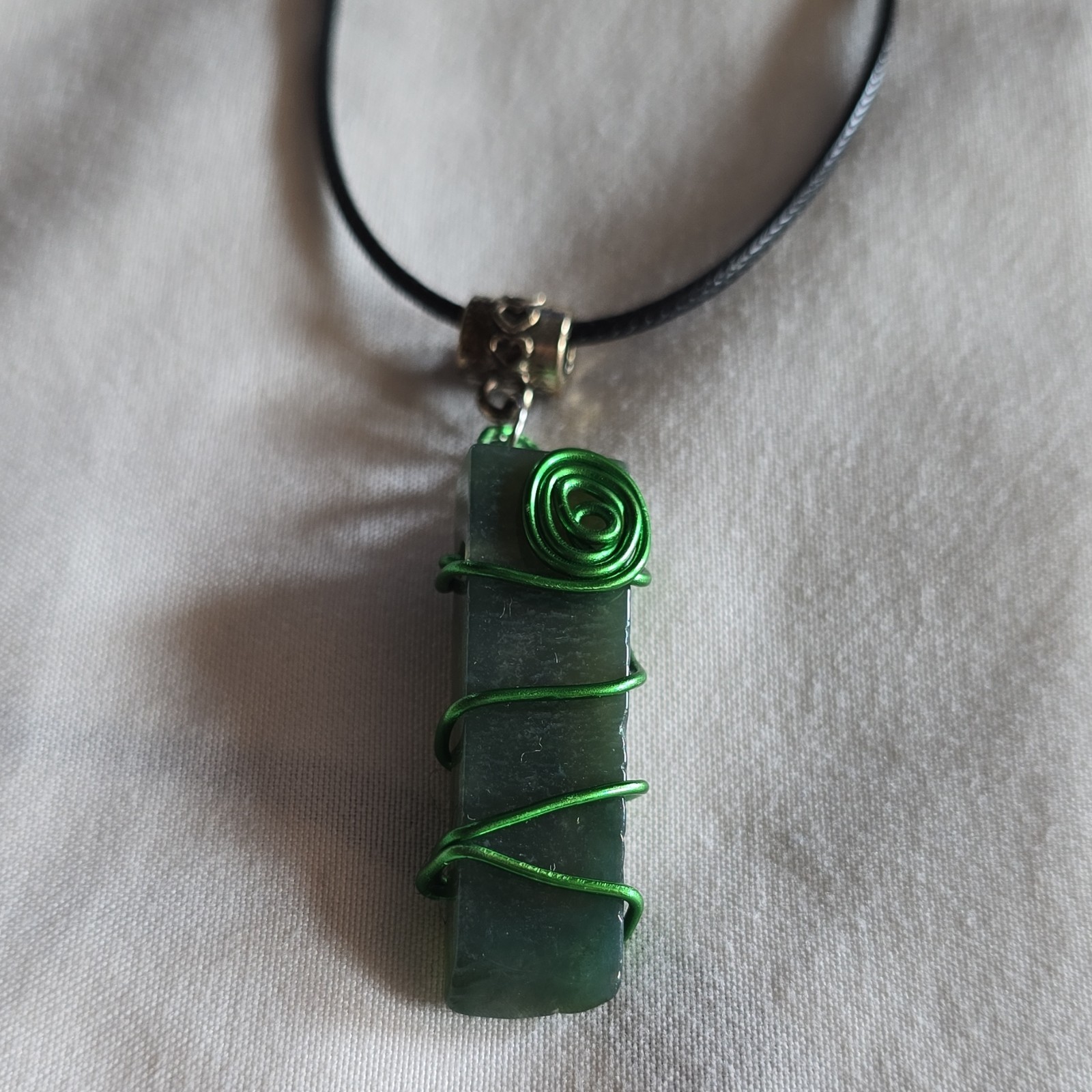 Handcrafted Green Wire Wrapped Bar Pendant Necklace Adjustable Cord Statement