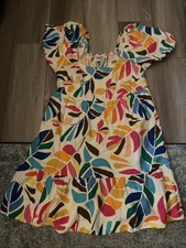 Tabitha Brown Target Dress Womens 1x White Multi Leaf Print Linen Blend Tiered