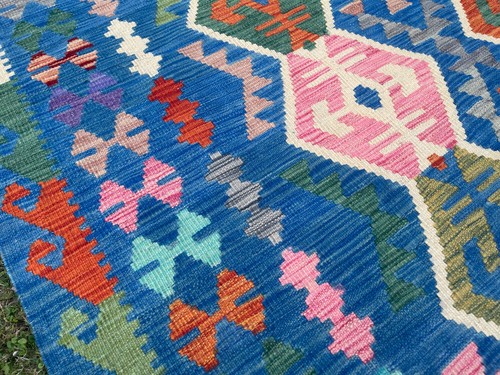 6x8 Blau Bunt Türkisch Geometrisch Wolle Kelim Traditionell Modern Turkmenisch Teppich - Bild 8 von 10