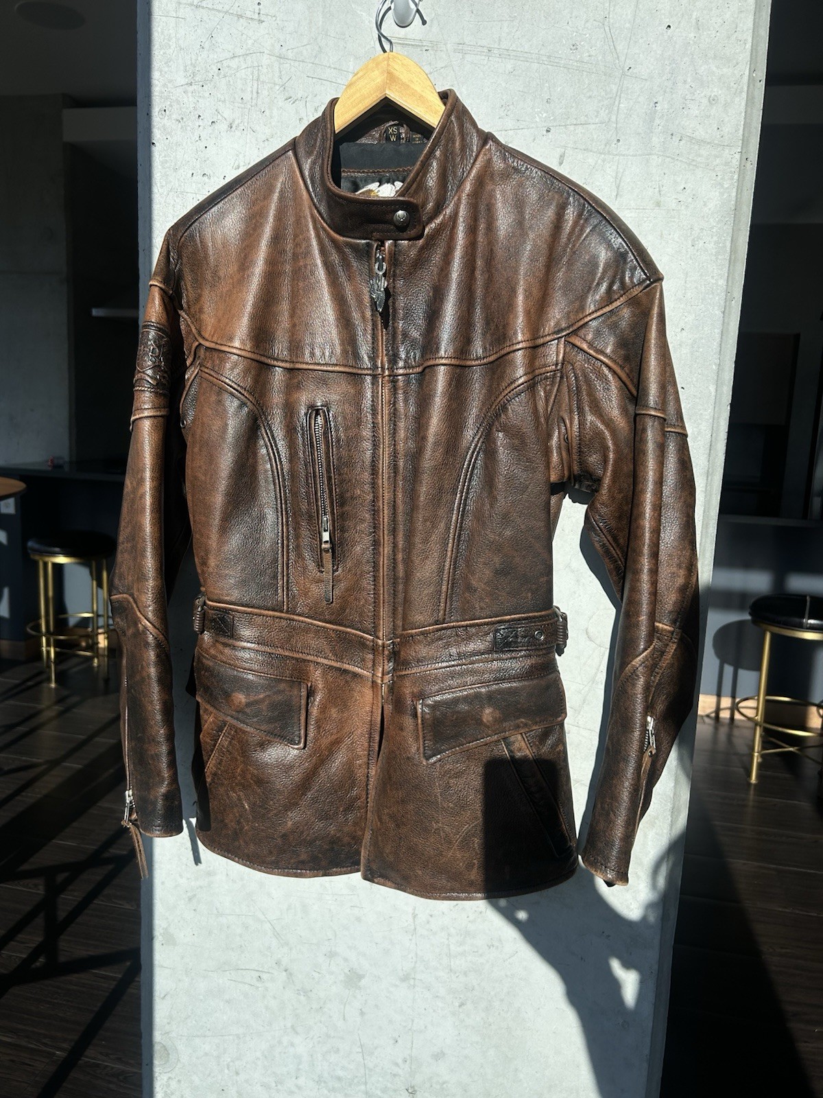 Harley-Davidson Women XS Genuine Leather Riding Jacket Vintage Brown Zip Pockets