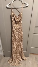 Windsor Sequin Floral Cowl Neck Maxi Dress Beige/Gold L Strappy Lined Zip