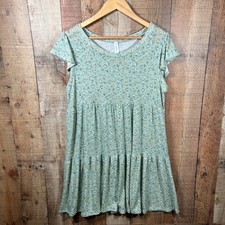 Honeyme Sage Green Floral Tiered Babydoll Dress Flutter Sleeve Boho Small S