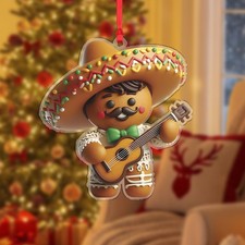 Mexican Mariachi Gingerbread Man Christmas Ornament Sombrero Guitar Decor
