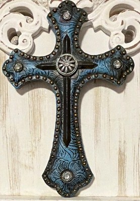 Small Western Wall Cross Plaque Blue Resin Floral Rhinestone Christian Decor