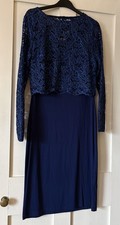 New Joe Browns Navy Blue Stretch Jersey / Lace Overlaid 2in1 Dress UK10 L44"