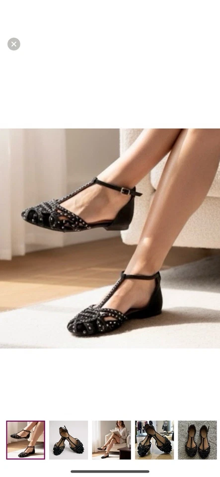 NINE WEST 8.5 Black Suede Flats Sandals Gunmetal Sparkly Studs R $89 - Image 2 of 4