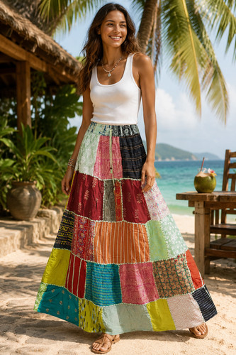 Boho Patchwork Maxi Skirt – Multicolor Long Skirt Gypsy Hippie Beach Skirt S/M/L
