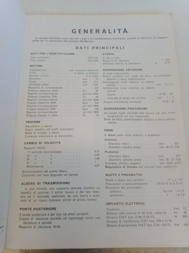 manuale caratteristiche e dati revisioni originale 1966 Fiat 124 berlina 1200 - Immagine 4 di 4