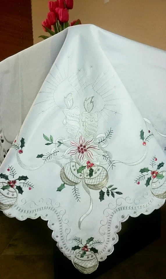 Beige 72x126" Embroidery Silver Candle Ornament Christmas Tablecloth 12 Napkins - Image 2 of 4