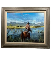 ANTHONY SINCLAIR VINTAGE COWBOY BUFFALO ILLUSTRATION LANDSCAPE OLD OIL PAINTING