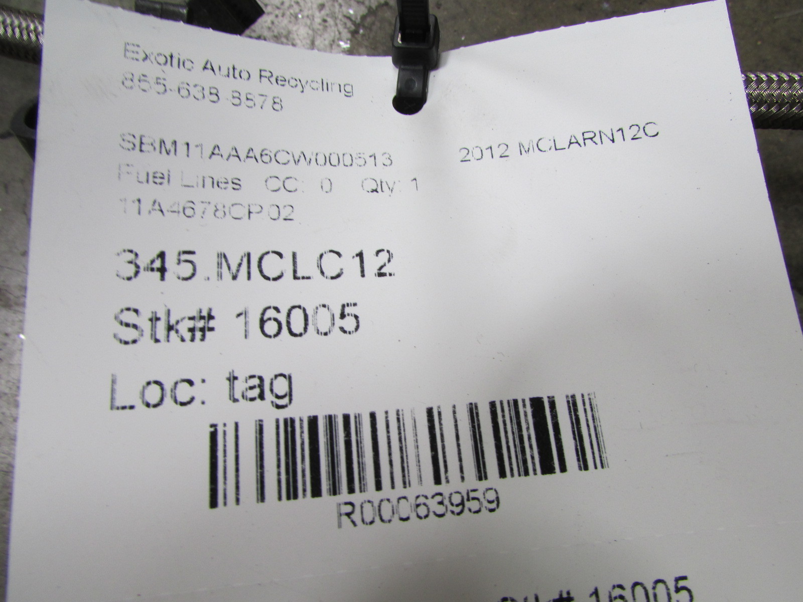 Mclaren MP4-12C Fuel Line, Used, P/N 11A4678CP.02