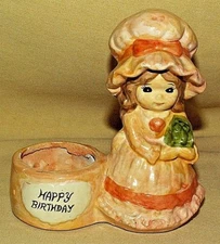 PAPER MACHE GIRL FIGURINE BONNET MINI PLANTER CANDLE HOLDER VNTG HAPPY BIRTHDAY*
